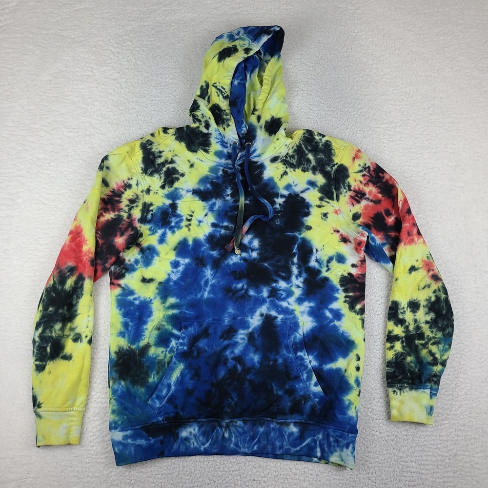 GUESS Hoodie Mens Medium Blue Yellow Tie Dye Fleece Cotton